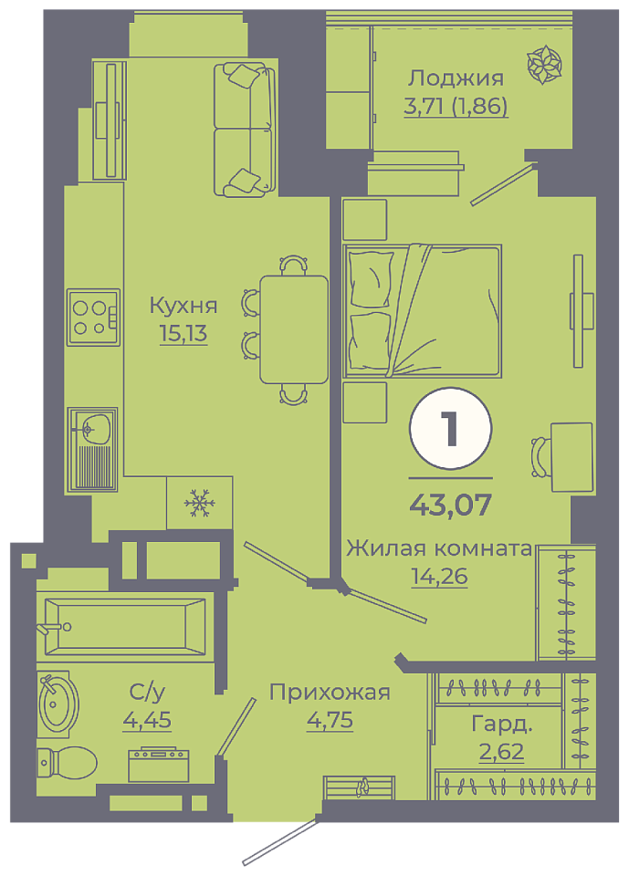 Планировка 1-комн. в ЖК «Сокольники»