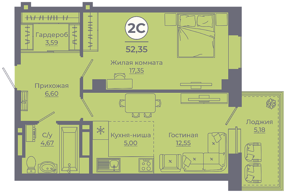 Планировка 2-евро в ЖК «Сокольники»