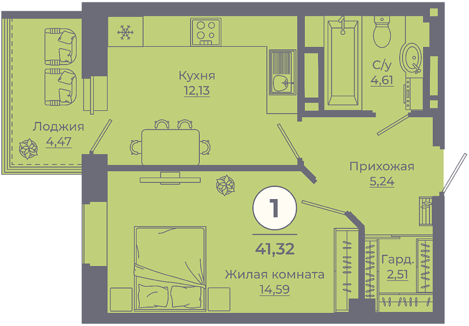 Планировка 1-комн. в ЖК «Сокольники»