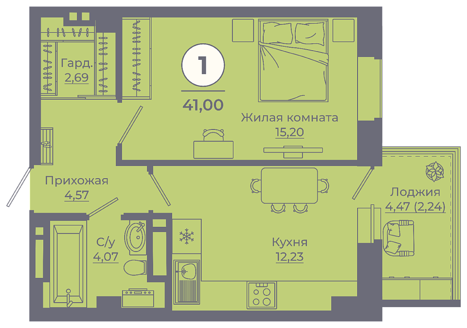 Планировка 1-комн. в ЖК «Сокольники»