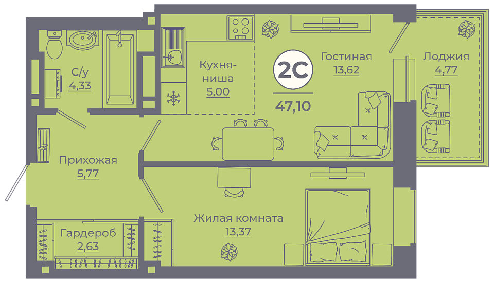 Планировка 2-евро в ЖК «Сокольники»