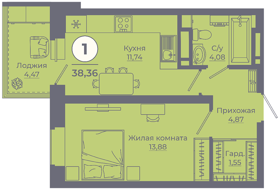 Планировка 1-комн. в ЖК «Сокольники»