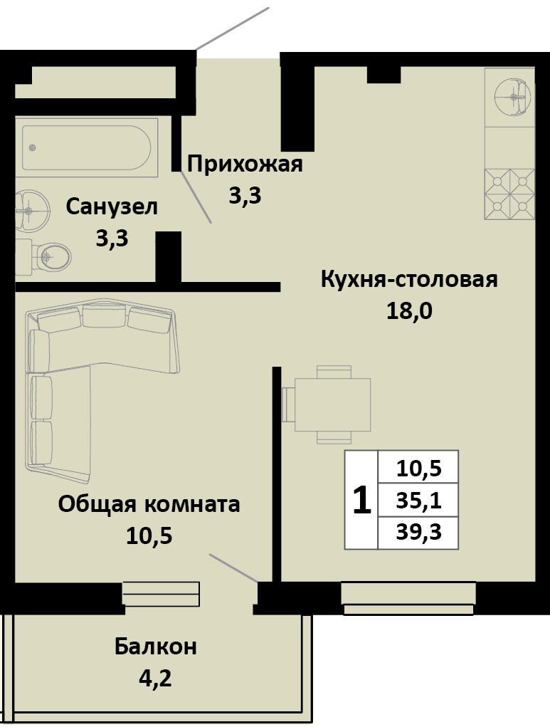 Планировка 1-комн. в ЖК «Южные соседи»