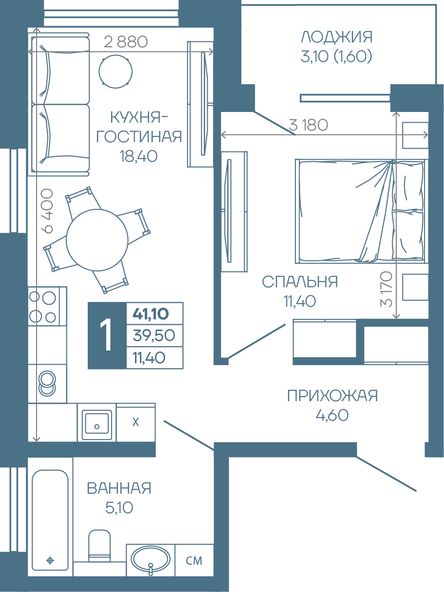 Планировка 1-комн. в ЖК «Иначе в Молодежном»