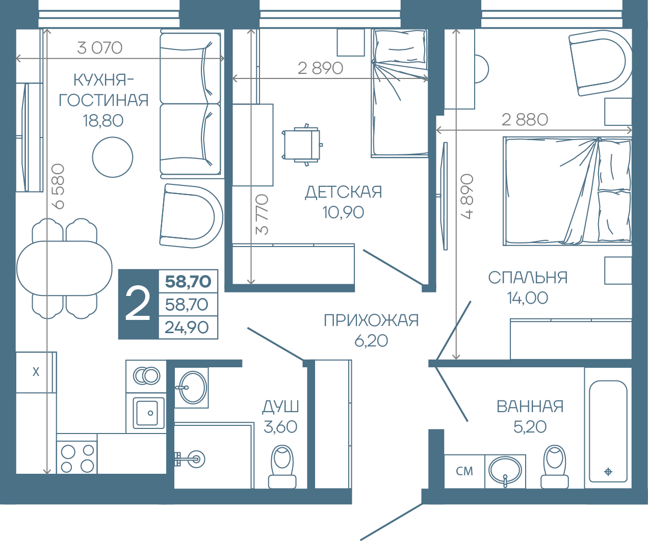 Планировка 2-комн. в ЖК «Иначе в Молодежном»
