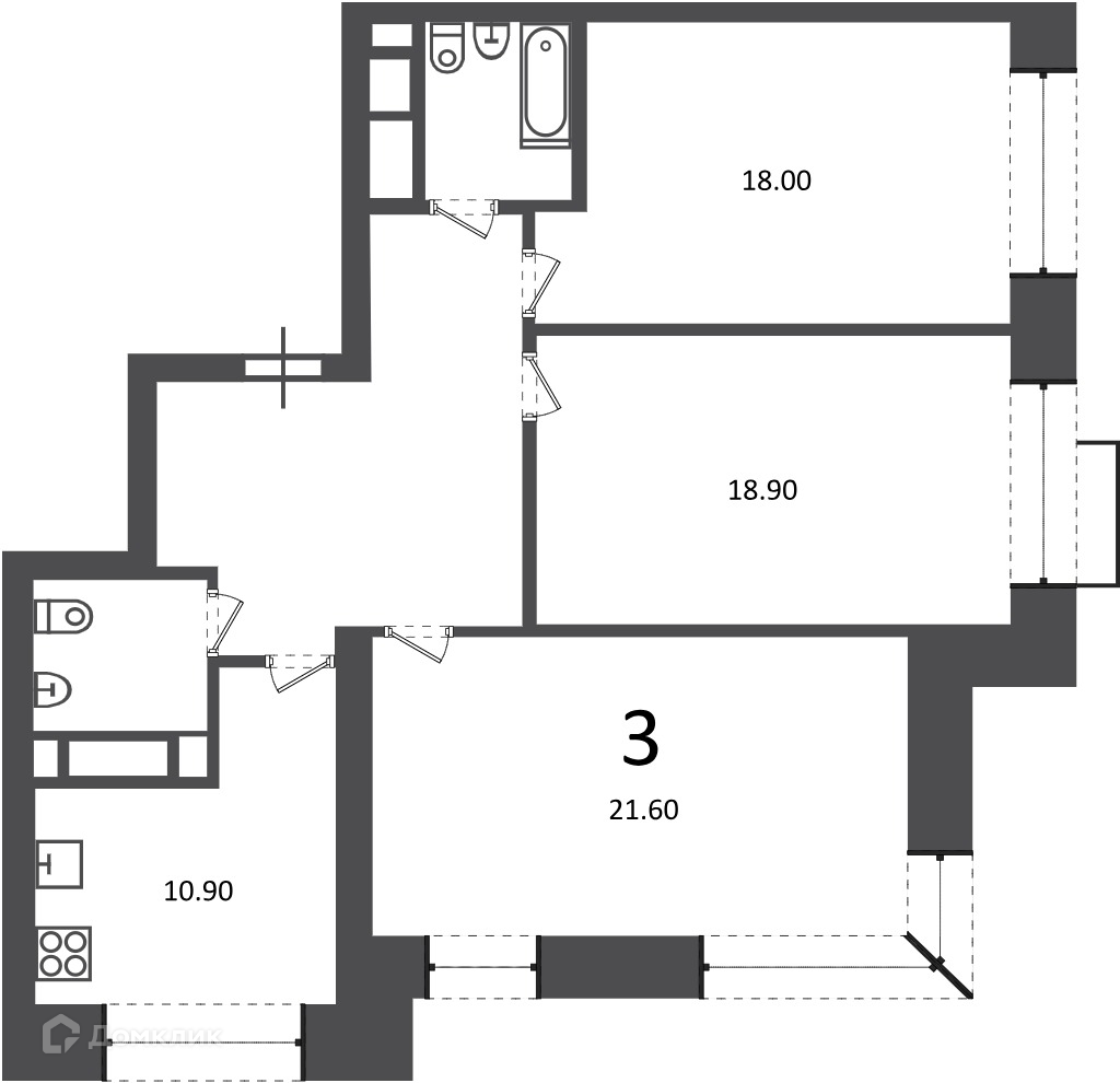 Планировка 3-комн. в ЖК «Клинская ул., д. 2А (Московские кварталы)»