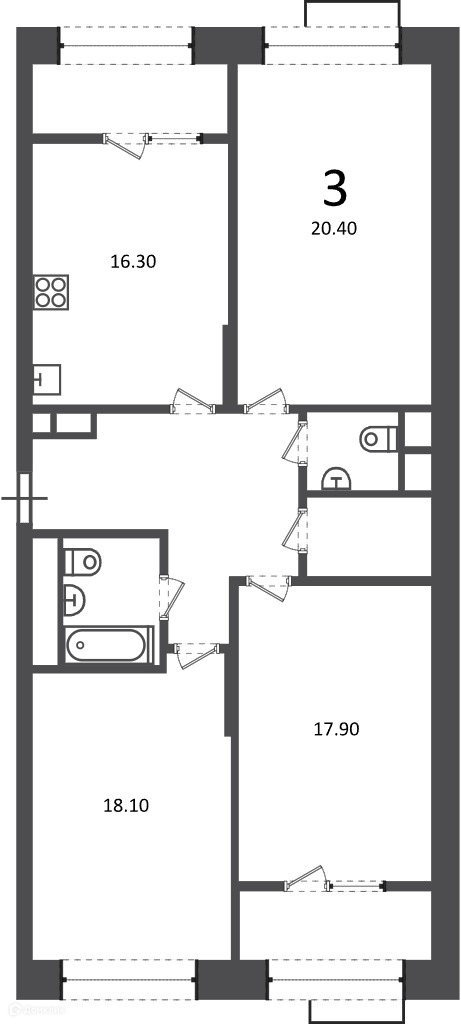 Планировка 3-комн. в ЖК «Клинская ул., д. 2А (Московские кварталы)»
