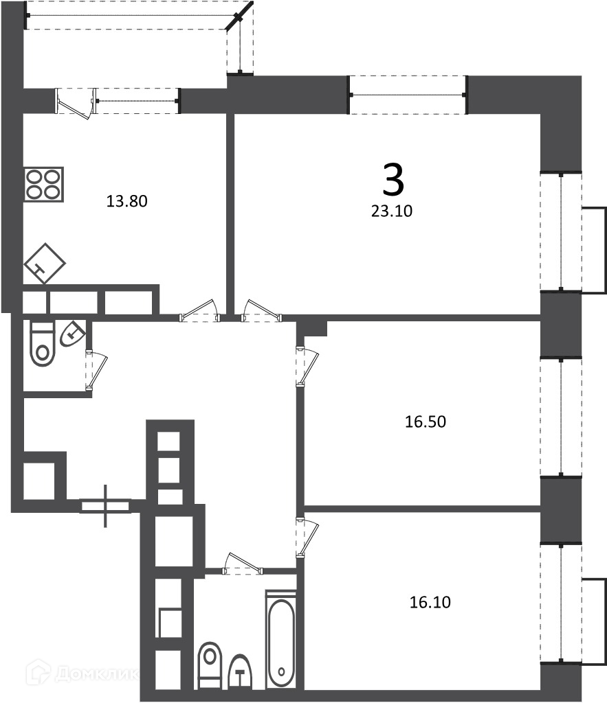 Планировка 3-комн. в ЖК «Клинская ул., д. 2А (Московские кварталы)»