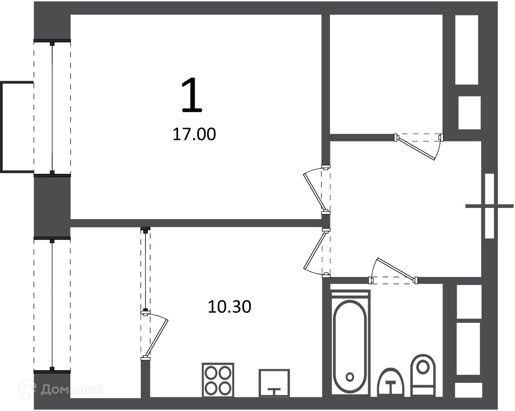Планировка 1-комн. в ЖК «Клинская ул., д. 2А (Московские кварталы)»