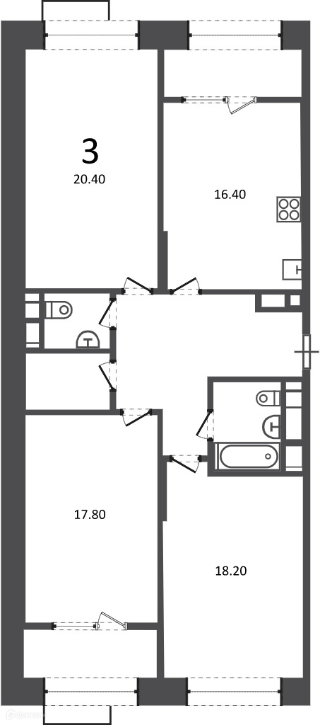 Планировка 3-комн. в ЖК «Клинская ул., д. 2А (Московские кварталы)»