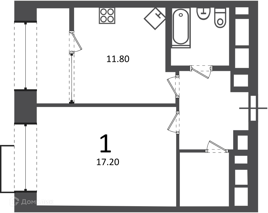 Планировка 1-комн. в ЖК «Клинская ул., д. 2А (Московские кварталы)»