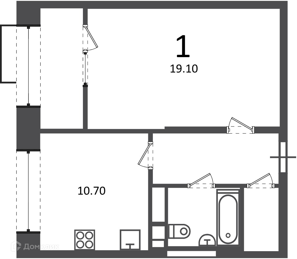 Планировка 1-комн. в ЖК «Клинская ул., д. 2А (Московские кварталы)»