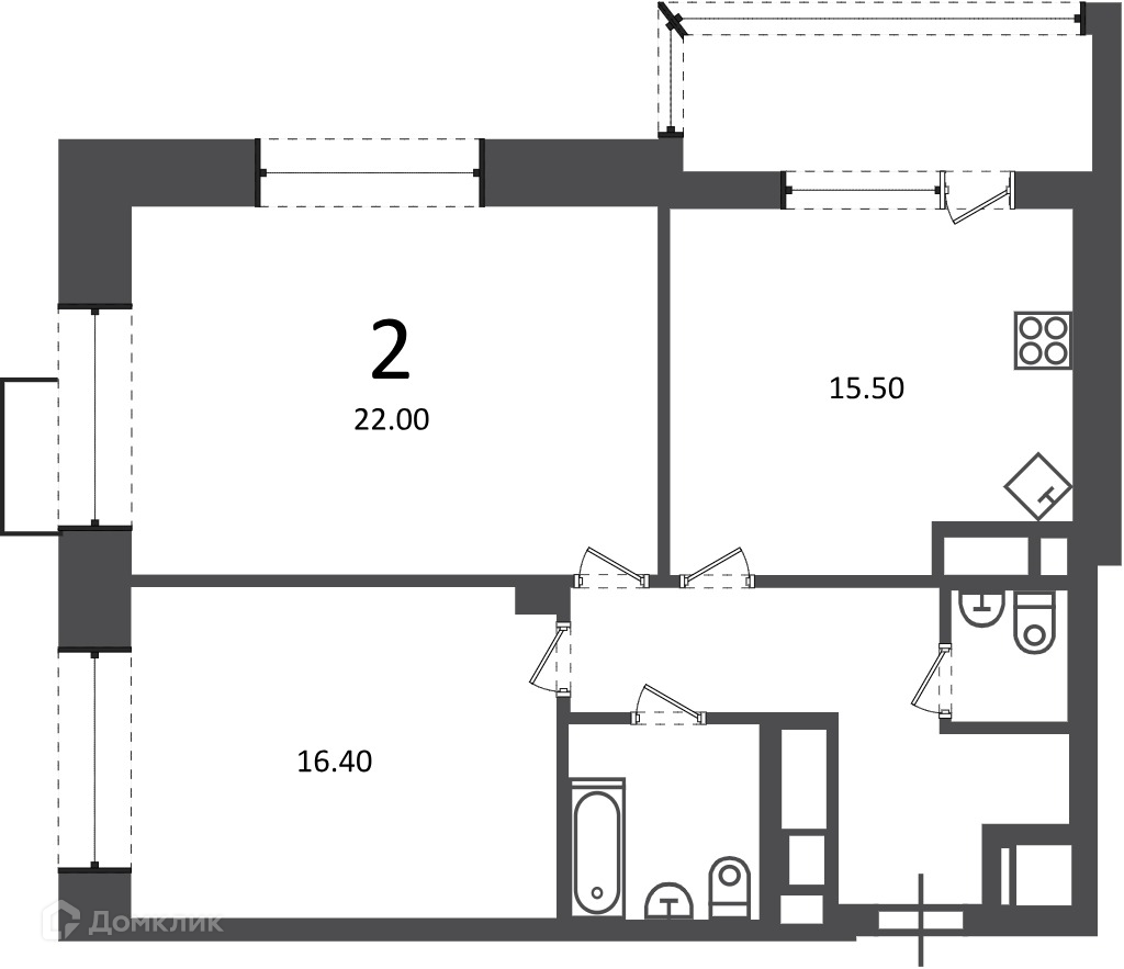 Планировка 2-комн. в ЖК «Клинская ул., д. 2А (Московские кварталы)»