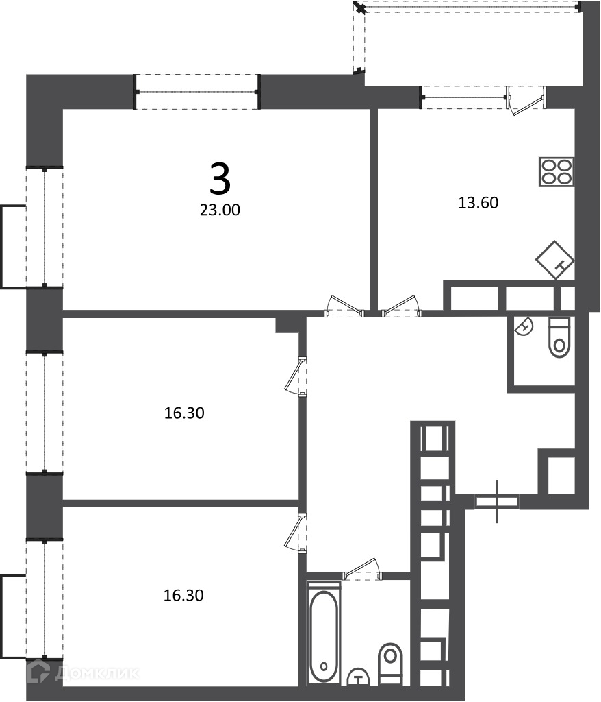 Планировка 3-комн. в ЖК «Клинская ул., д. 2А (Московские кварталы)»
