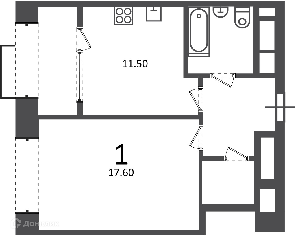 Планировка 1-комн. в ЖК «Клинская ул., д. 2А (Московские кварталы)»