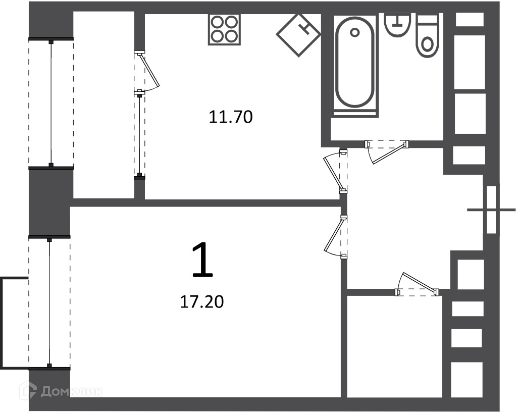 Планировка 1-комн. в ЖК «Клинская ул., д. 2А (Московские кварталы)»
