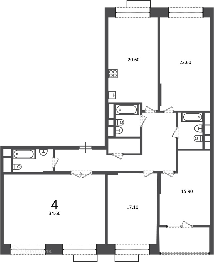 Планировка 4-комн. в ЖК «Клинская ул., д. 2А (Московские кварталы)»