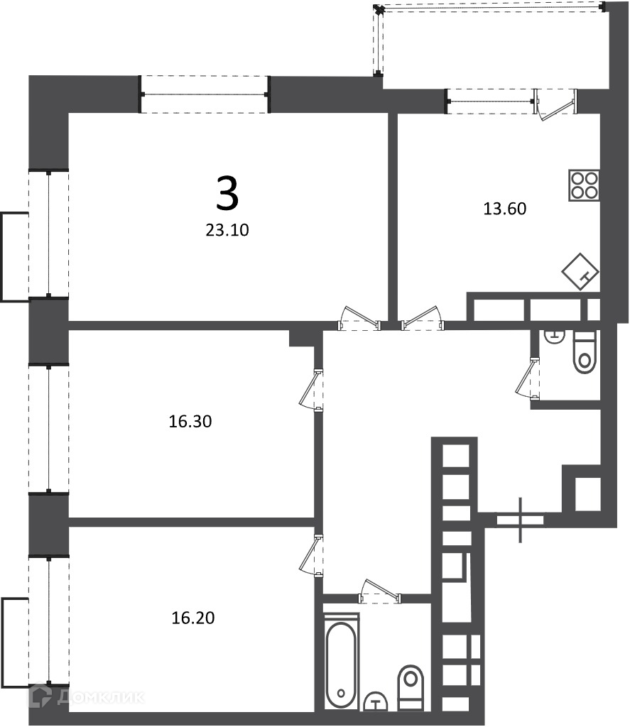 Планировка 3-комн. в ЖК «Клинская ул., д. 2А (Московские кварталы)»