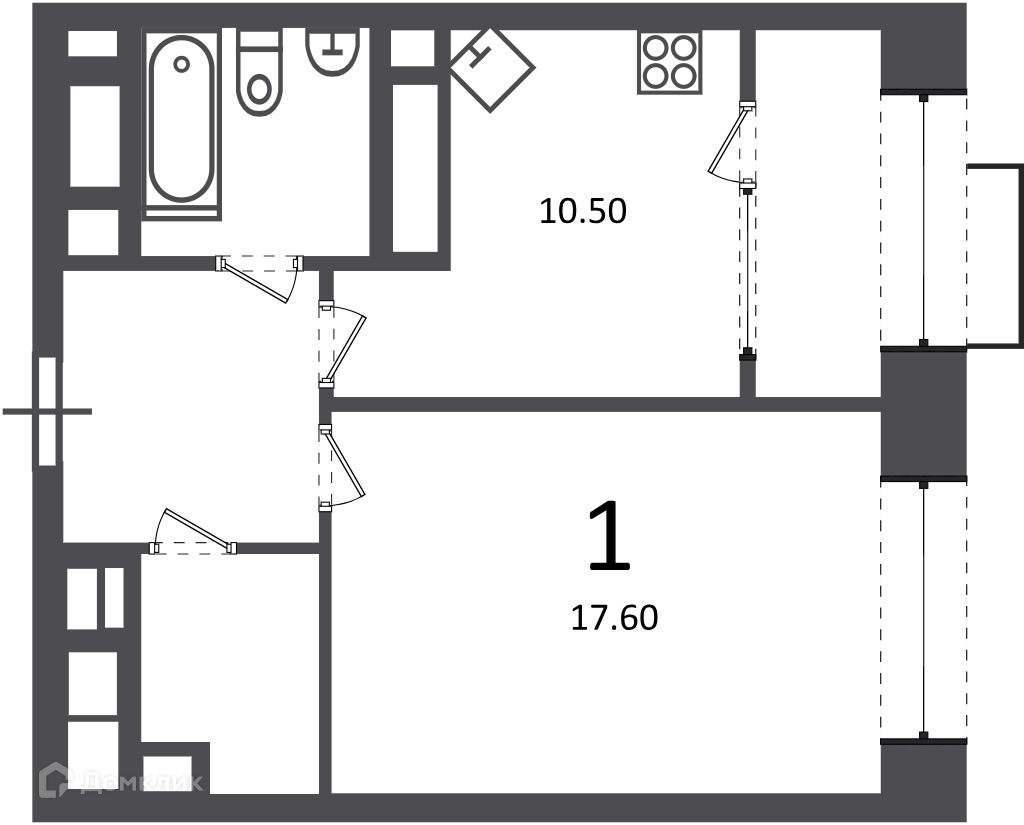 Планировка 1-комн. в ЖК «Клинская ул., д. 2А (Московские кварталы)»