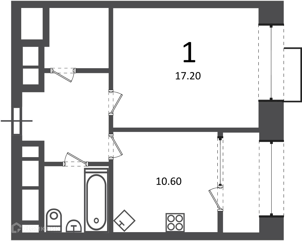 Планировка 1-комн. в ЖК «Клинская ул., д. 2А (Московские кварталы)»