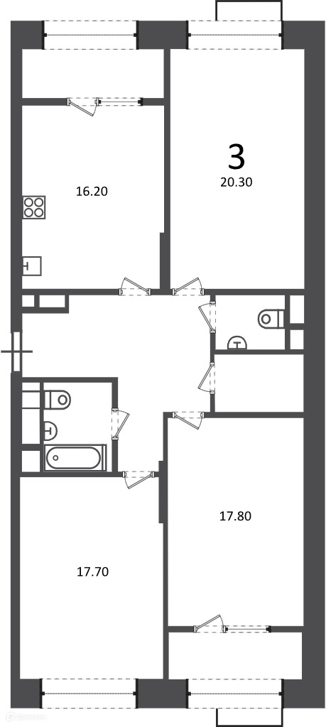 Планировка 3-комн. в ЖК «Клинская ул., д. 2А (Московские кварталы)»