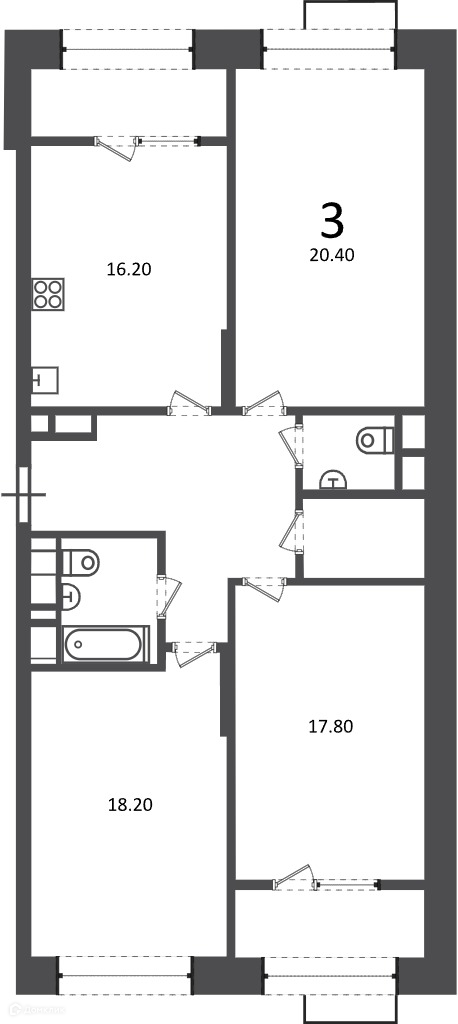 Планировка 3-комн. в ЖК «Клинская ул., д. 2А (Московские кварталы)»