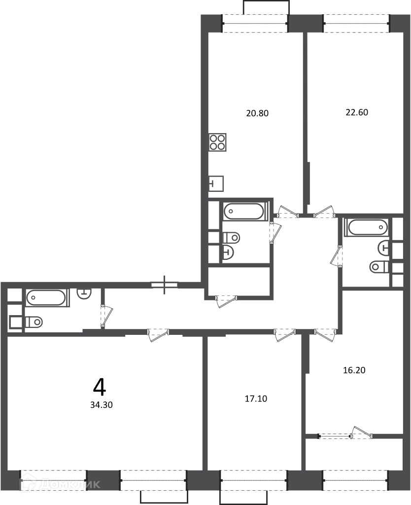 Планировка 4-комн. в ЖК «Клинская ул., д. 2А (Московские кварталы)»