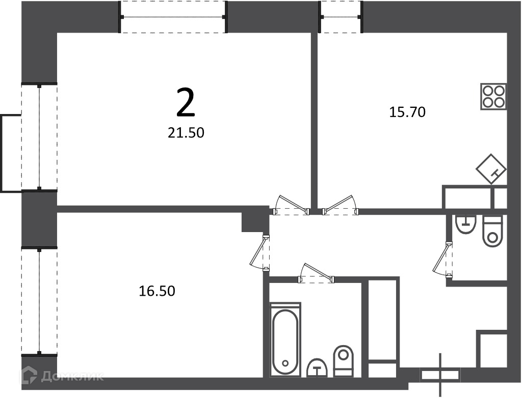 Планировка 2-комн. в ЖК «Клинская ул., д. 2А (Московские кварталы)»