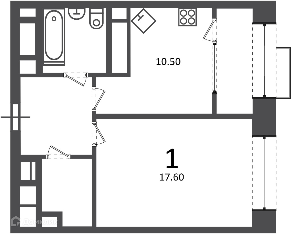 Планировка 1-комн. в ЖК «Клинская ул., д. 2А (Московские кварталы)»
