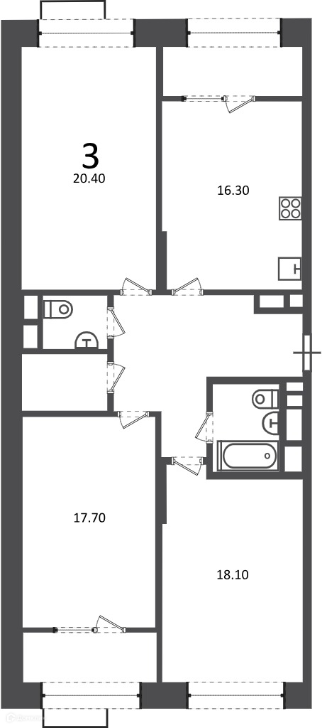 Планировка 3-комн. в ЖК «Клинская ул., д. 2А (Московские кварталы)»
