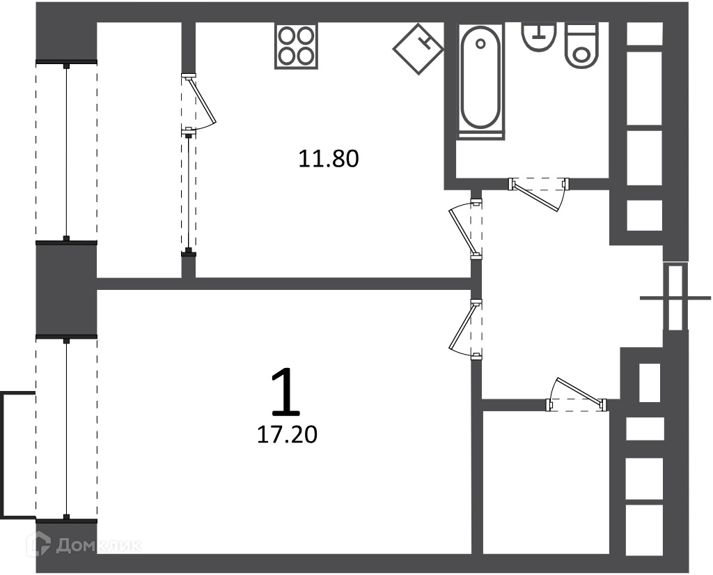 Планировка 1-комн. в ЖК «Клинская ул., д. 2А (Московские кварталы)»