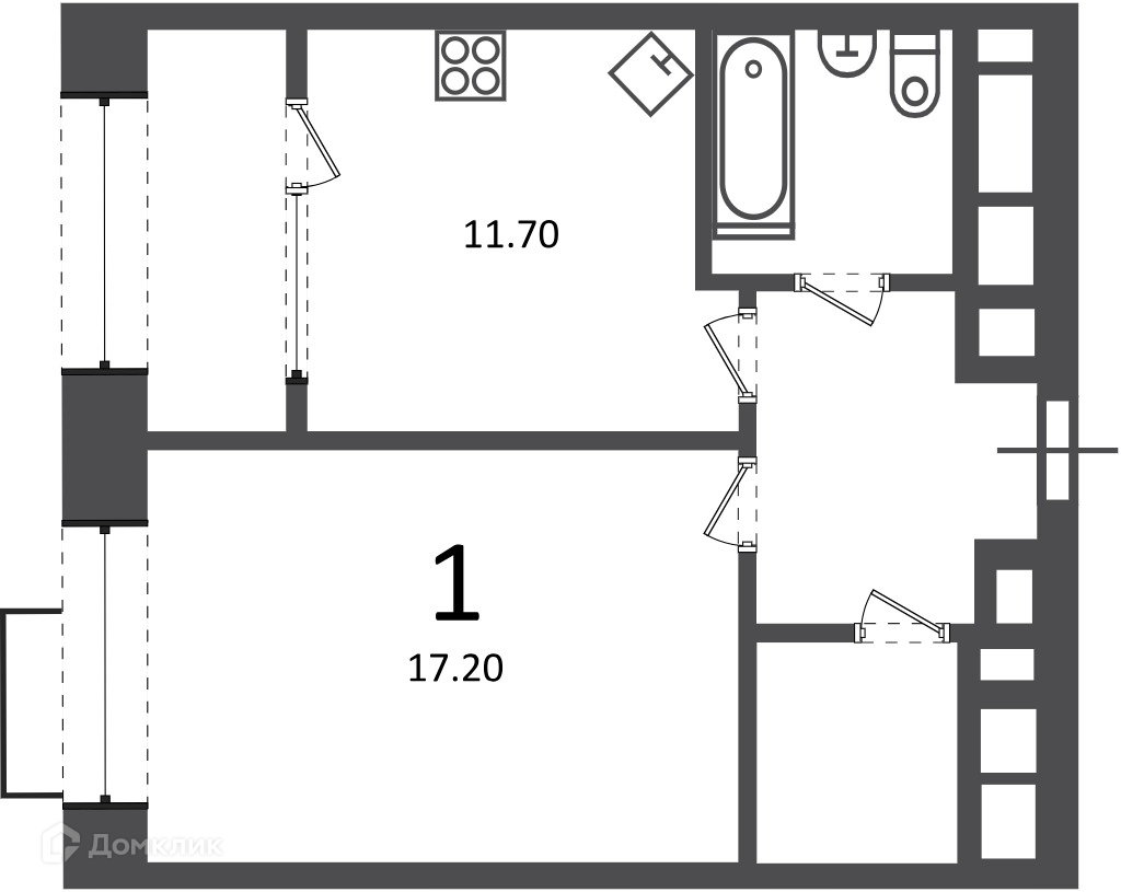 Планировка 1-комн. в ЖК «Клинская ул., д. 2А (Московские кварталы)»