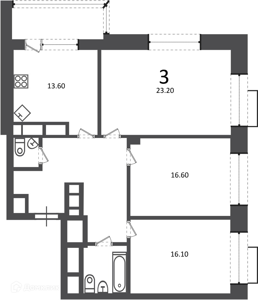 Планировка 3-комн. в ЖК «Клинская ул., д. 2А (Московские кварталы)»