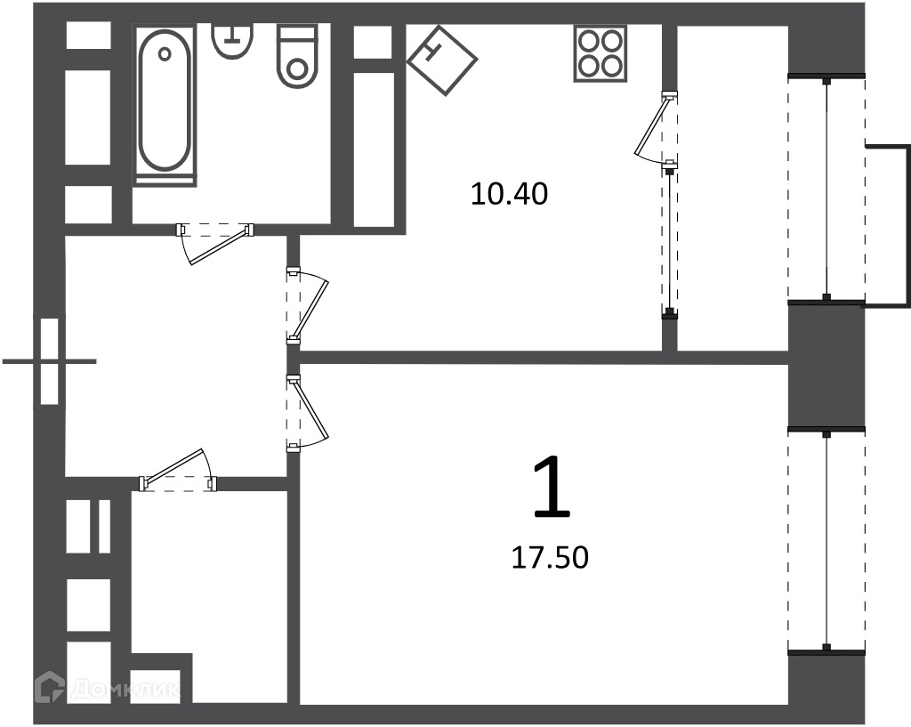 Планировка 1-комн. в ЖК «Клинская ул., д. 2А (Московские кварталы)»