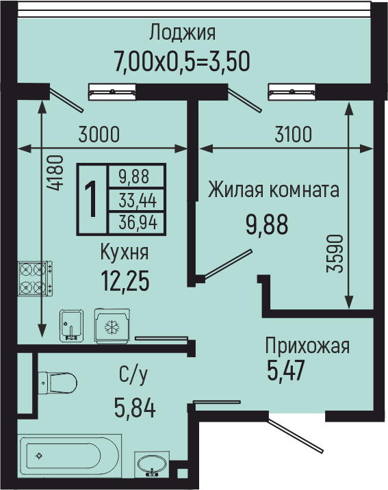 Планировка 1-комн. в ЖК «Botanica Hills»
