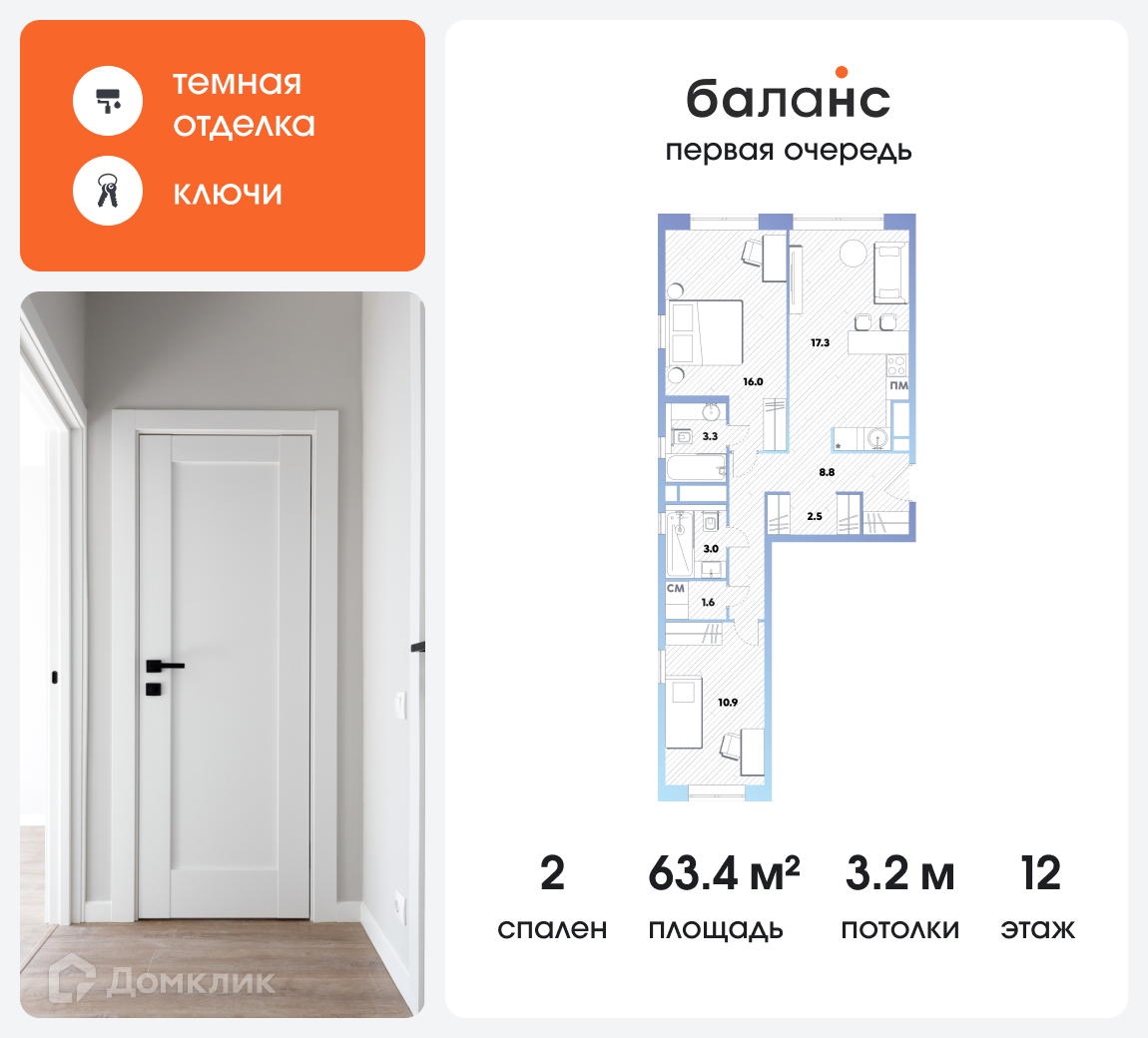 Планировка 2-комн. в ЖК «Баланс»