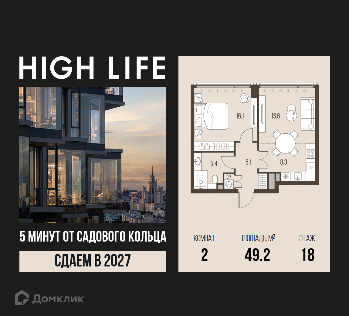 Планировка 2-комн. в ЖК «HIGH LIFE»