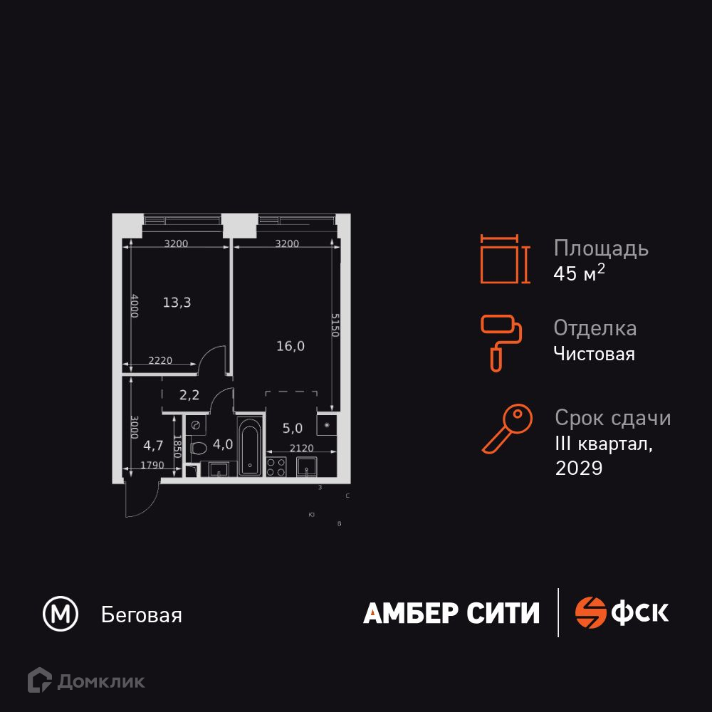 Планировка 2-комн. в ЖК «Амбер Сити»