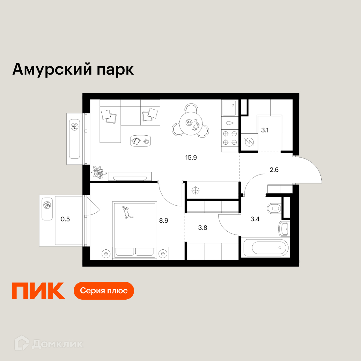 Планировка 1-комн. в ЖК «Амурский парк»