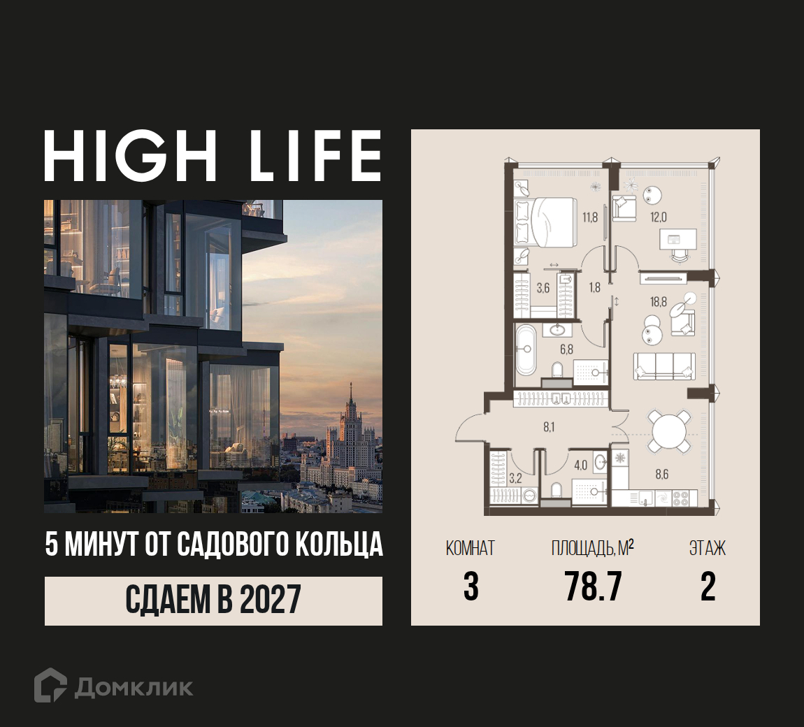 Планировка 3-комн. в ЖК «HIGH LIFE»