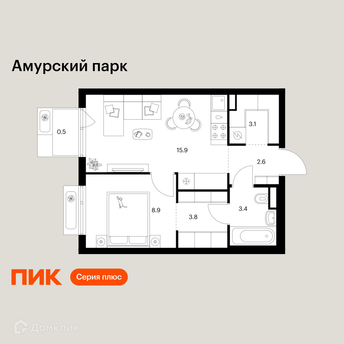 Планировка 1-комн. в ЖК «Амурский парк»