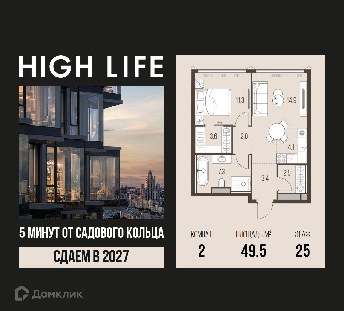 Планировка 2-комн. в ЖК «HIGH LIFE»