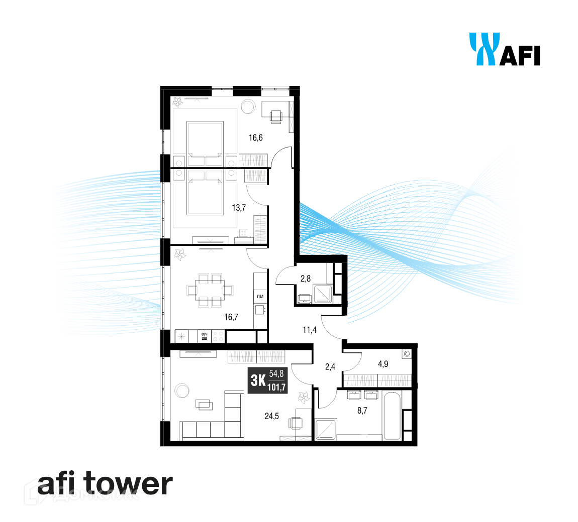 Планировка 3-комн. в ЖК «Afi Tower»