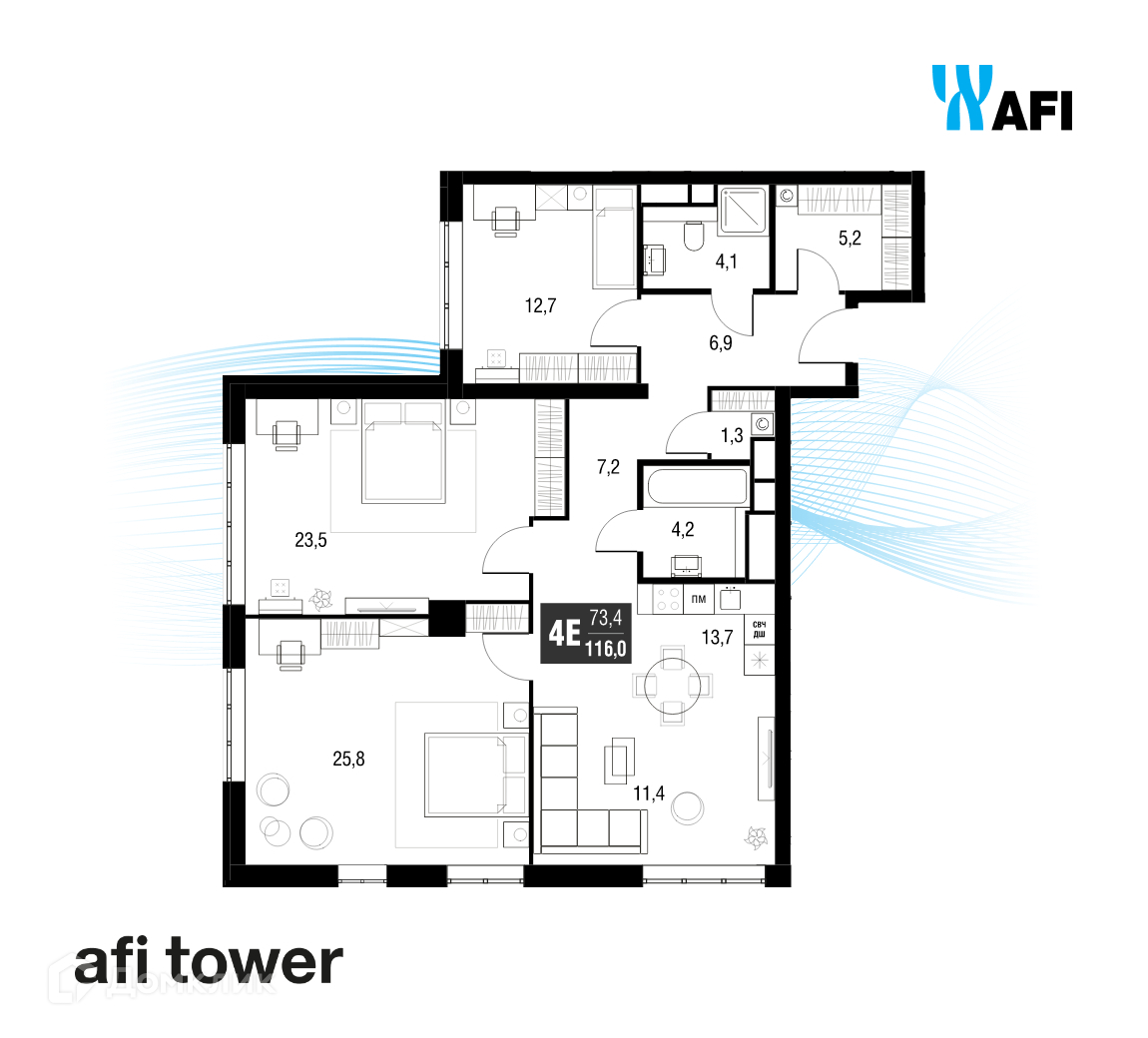 Планировка 4-комн. в ЖК «Afi Tower»