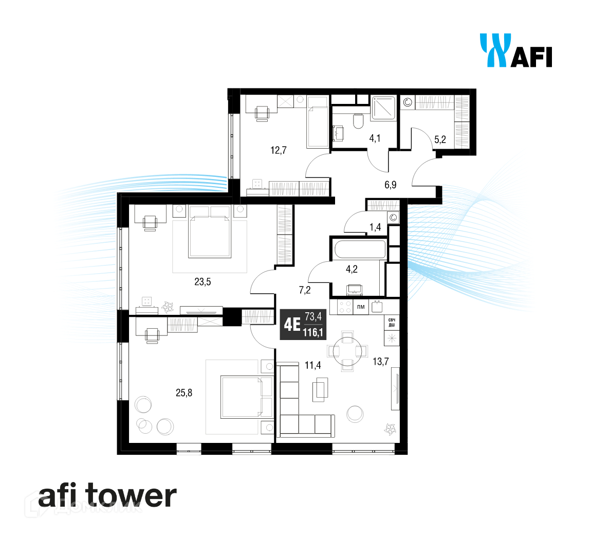 Планировка 4-комн. в ЖК «Afi Tower»