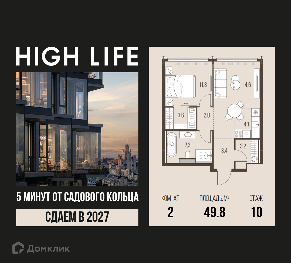 Планировка 2-комн. в ЖК «HIGH LIFE»