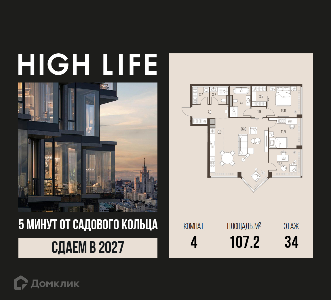 Планировка 4-комн. в ЖК «HIGH LIFE»