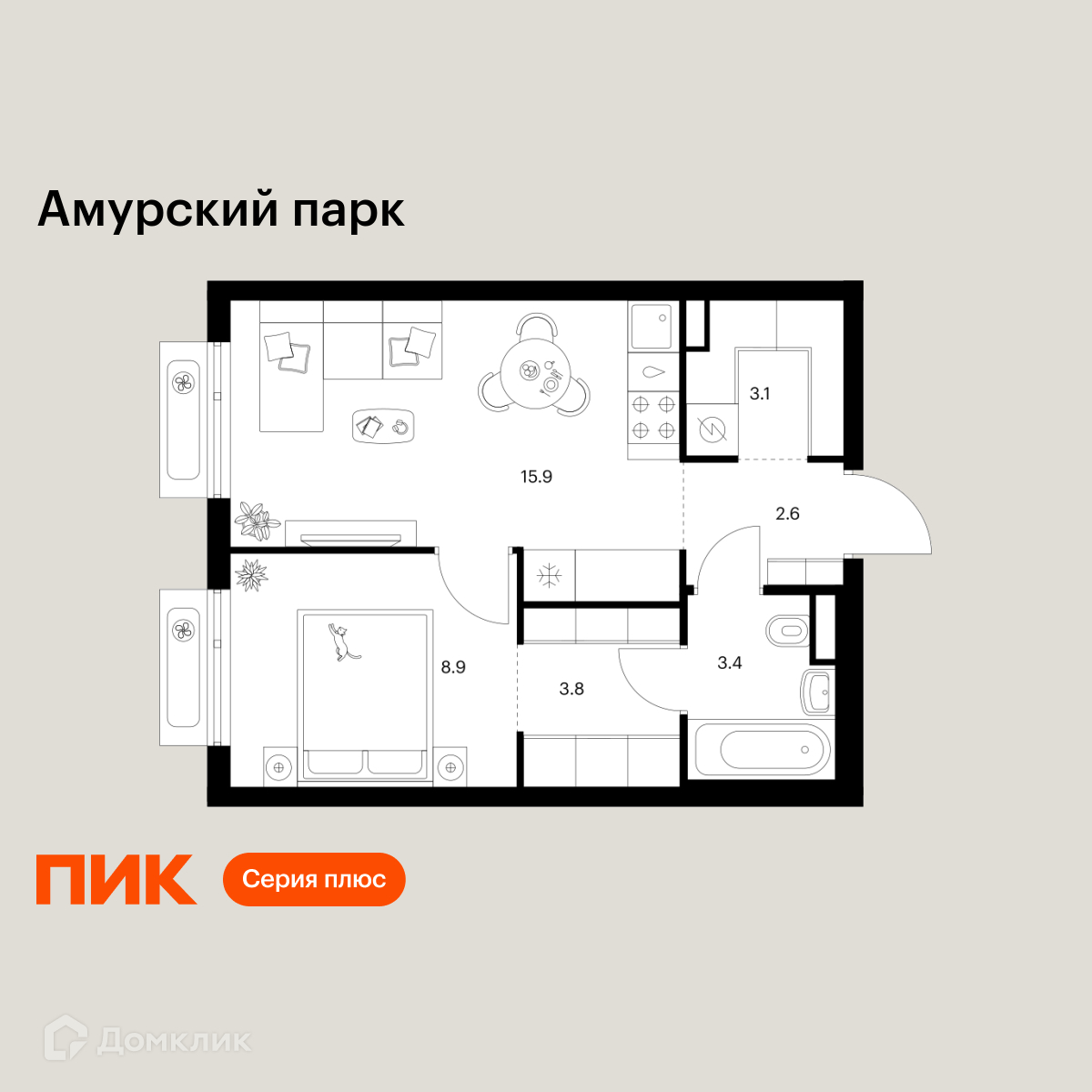 Планировка 1-комн. в ЖК «Амурский парк»