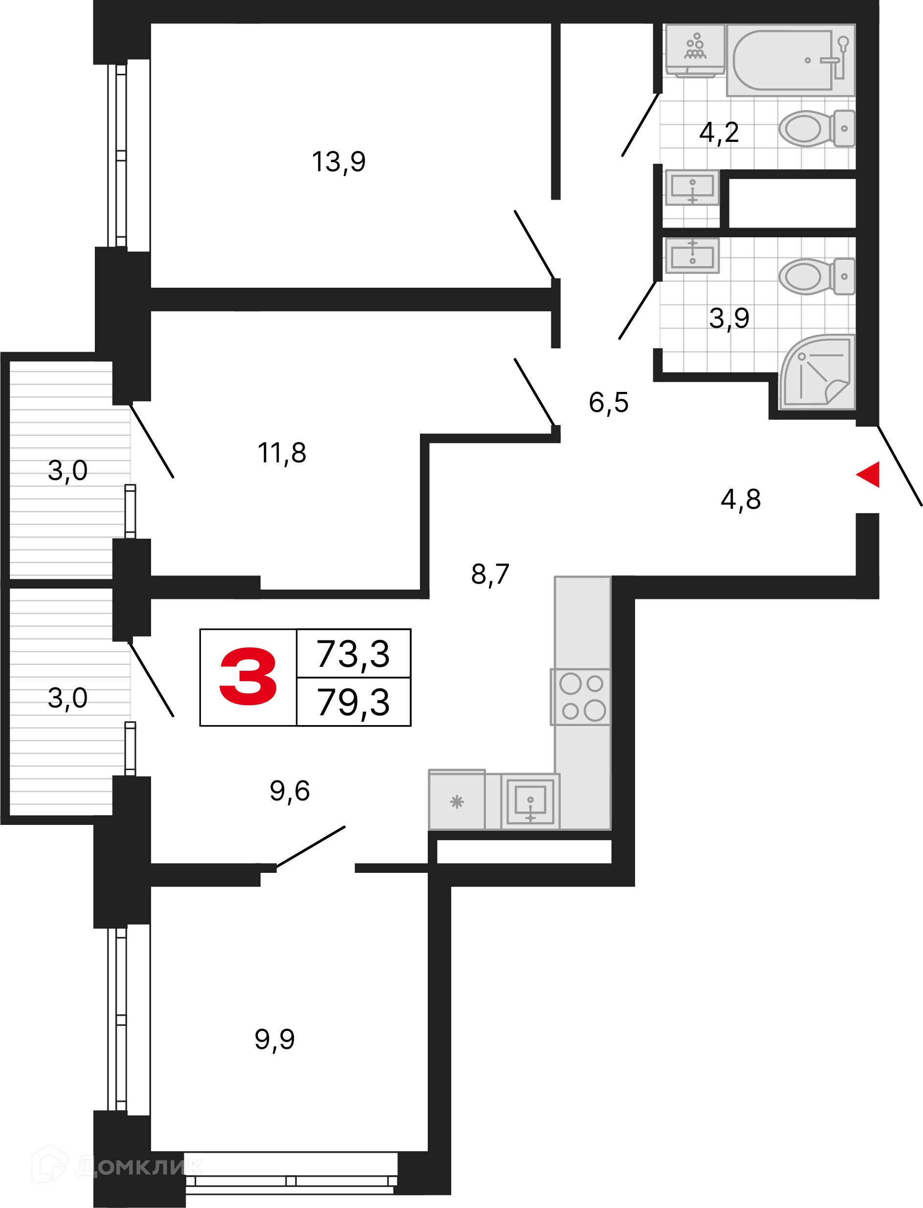 Планировка 3-комн. в ЖК «Бестселлер»