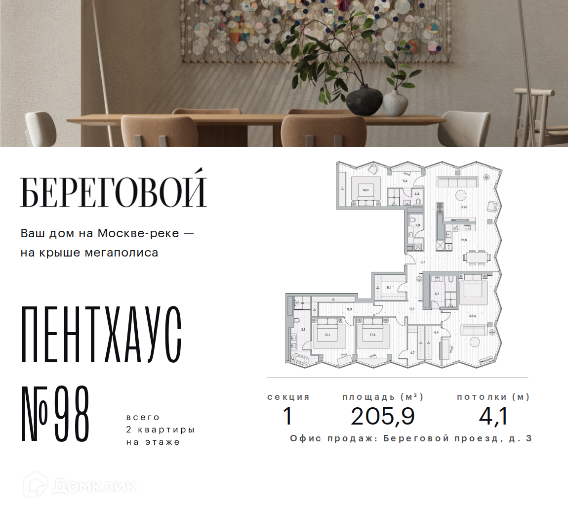 Планировка Пентхаус в ЖК «Береговой-2»